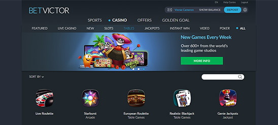 BetVictor Casino's Game Selection